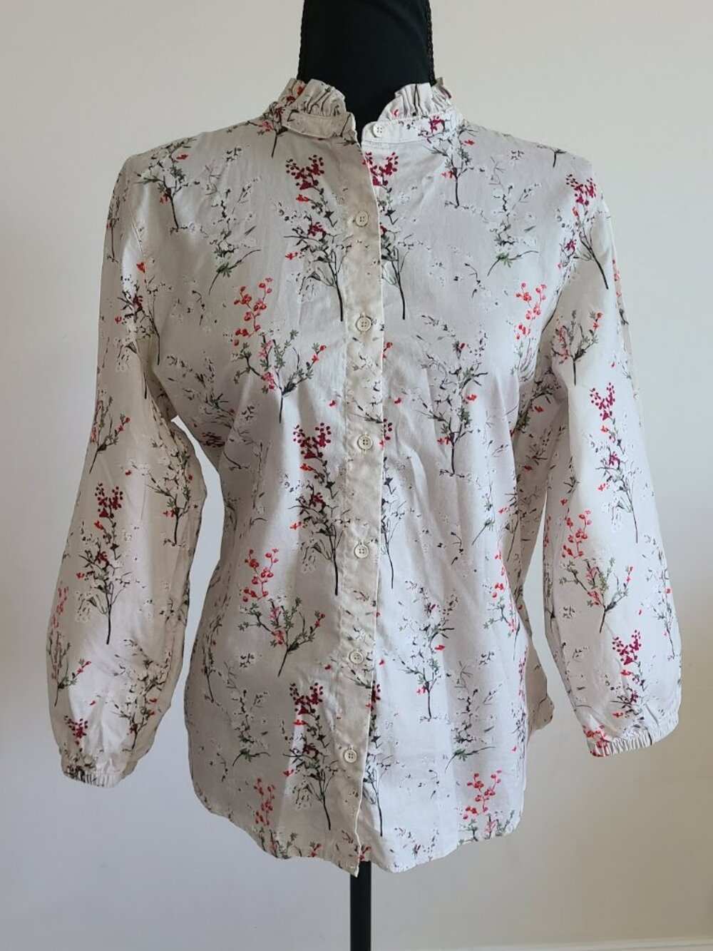 Orvis Women M Sierra Floral Blouse Ruffle Neck Balloon Sleeve Button Front NWT